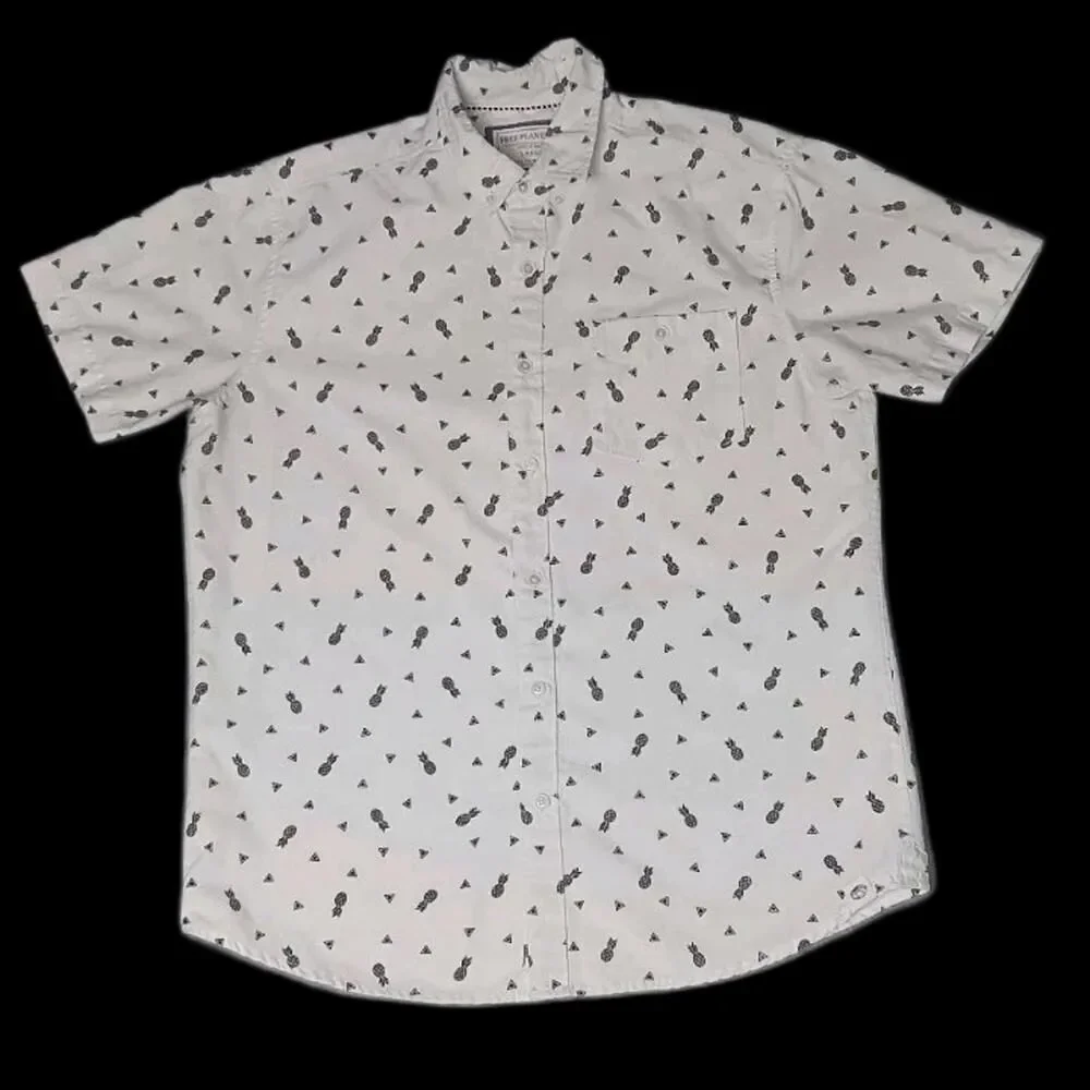 Free Planet Short Sleeve Button Up Mens Size Large White With Black...